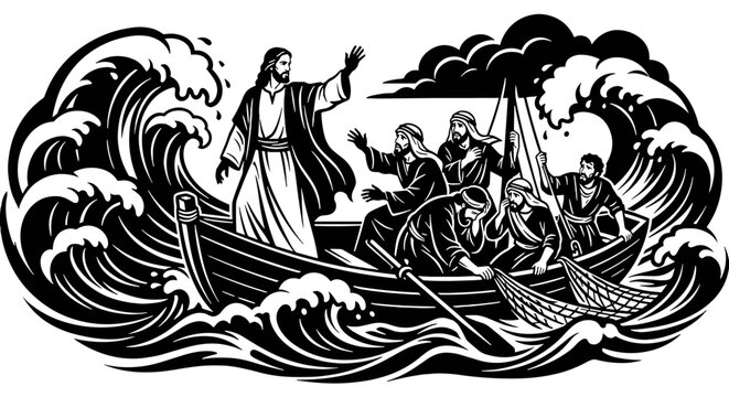 Jesus Christ calming the storm on the Sea of Galilee with disciples in wooden boat New Testament miracle graphic vector engraving illustration