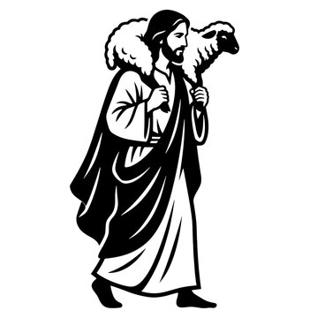 Jesus Christ carrying lost sheep on shoulders parable of the lost sheep New Testament vector line art engraving illustration