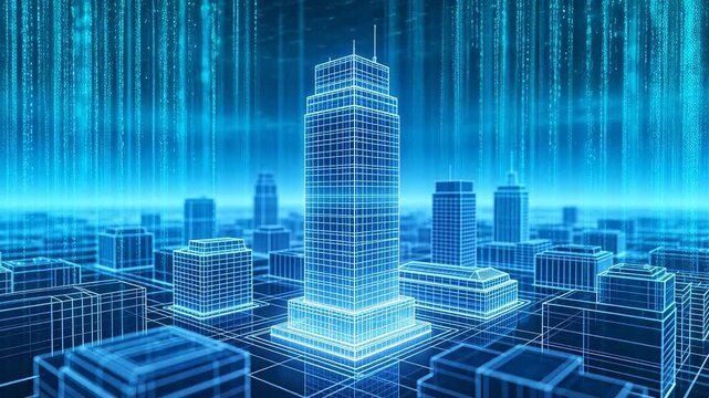 Blue wireframe digital city with a central skyscraper and surrounding buildings