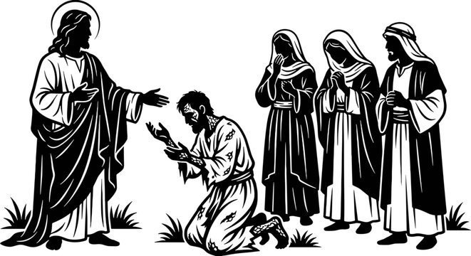 Jesus Christ healing a leper cleansing miracle sick man kneeling in prayer New Testament biblical vector graphic art engraving illustration