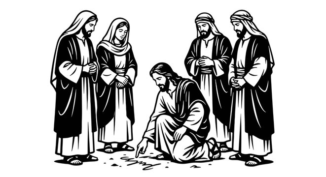 Jesus Christ writing on the ground woman taken in adultery Pharisees law forgiveness mercy New Testament vector line art engraving illustration