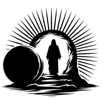 Resurrection of Jesus Christ empty tomb with rolled away stone light rays Easter miracle New Testament vector silhouette engraving illustration