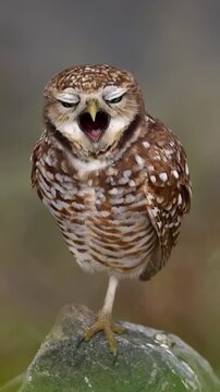Funny burrowing owl standing on one leg