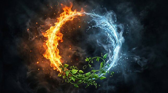 Circular ring of fire and water with green leaves merging in a dark smoke background