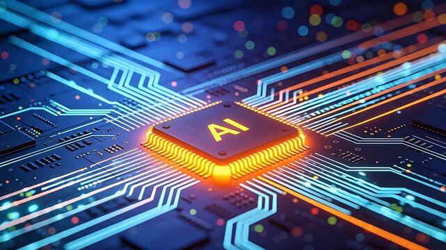 Microchip with glowing circuits and colorful light spots on electronic board