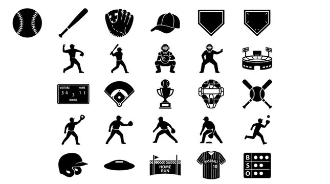 Black solid baseball icons set featuring players, equipment, stadium, and game elements in flat vector design