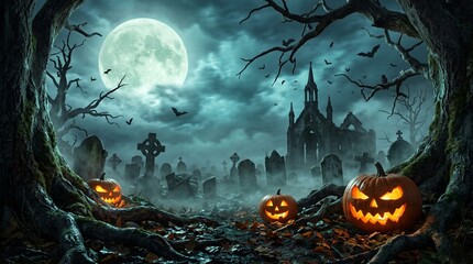 Obraz premium Spooky carved pumpkins glowing bright orange amidst an eerie misty graveyard under a massive full moon with silhouette trees and flying bats for halloween celebrations