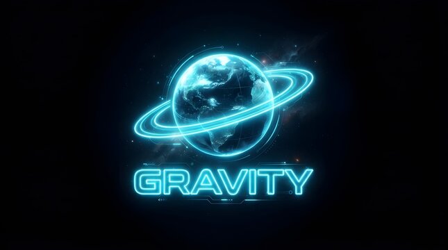 Glowing digital planet earth logo design featuring bright neon cyan rings with modern tech HUD elements isolated against dark space background for futuristic science concept
