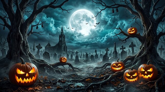 Spooky carved pumpkins glowing bright with sinister faces sit upon twisted tree roots in a dark haunted cemetery under a giant full moon at night
