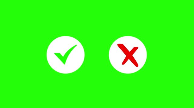 Animated pop up green check mark and red cross X symbol on transparent background.  Video footage of yes or no, true or false with alpha channel,  