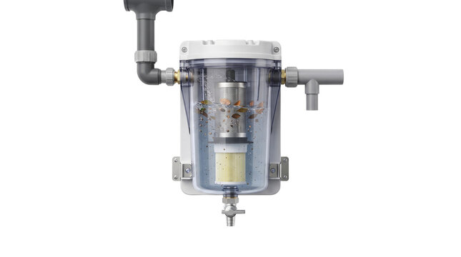 Industrial water filter system with transparent housing, sediment filtration unit for plumbing, clean water purification technology on white background