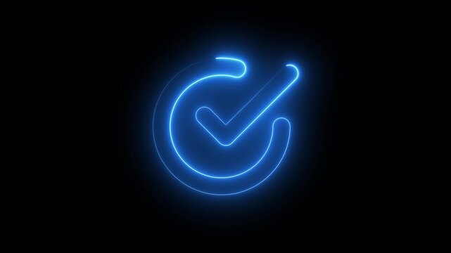 glowing blue check mark progress circle animation on black background, futuristic blue check mark circular loading icon animation on dark background, blue neon checkmark loading indicator animation.