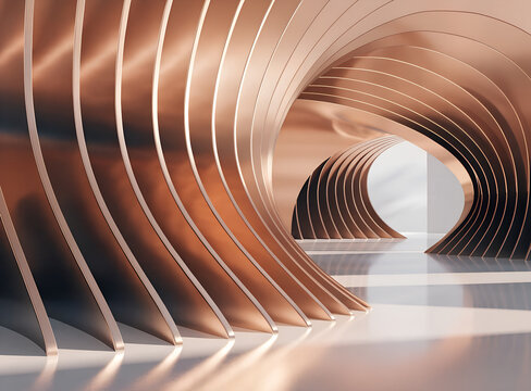 Abstract modern architectural interior with curved copper and bronze metallic fins and warm lighting