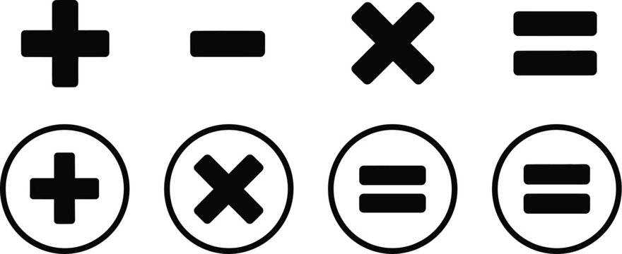 Plus, minus multiply divide equal sign icon set, addition, subtraction, multiplication, division and equality symbols for math education and digital design.