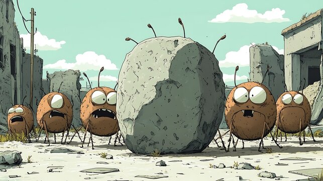 Cartoon creatures pushing a rock