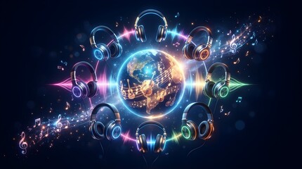 Fototapeta premium Glowing headphones surrounding a vibrant planet earth visualization featuring floating musical notes and colorful sound waves in a digital space art composition for global broadcasting