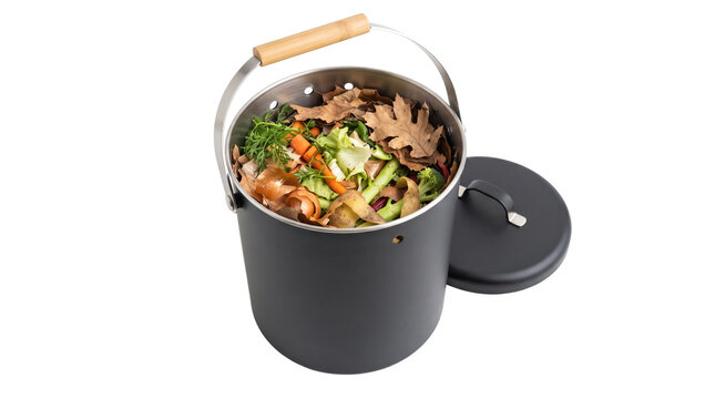 Modern charcoal compost bin with organic food waste, kitchen countertop composting bucket with wooden handle, sustainable waste management