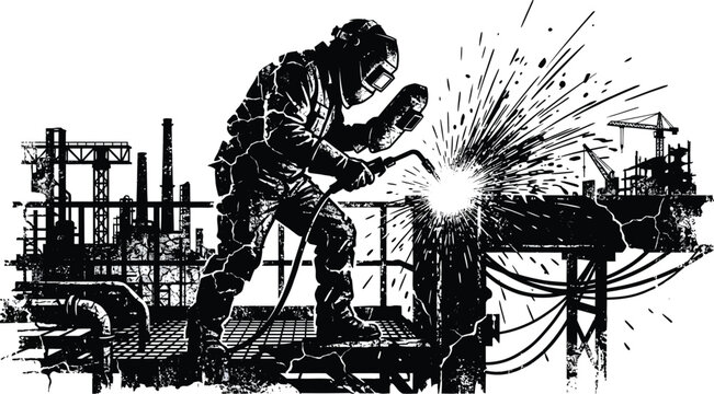 Welder working with metal in industrial setting black silhouette style