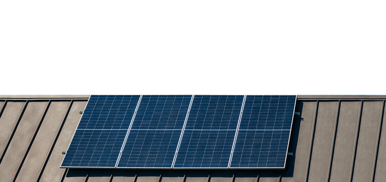 Solar panel installation on a sloped roof with a brown metal surface, showcasing multiple photovoltaic cells in a clear sky setting