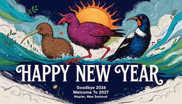 Happy New Year: Native Birds & Sun Illustration, Napier, NZ