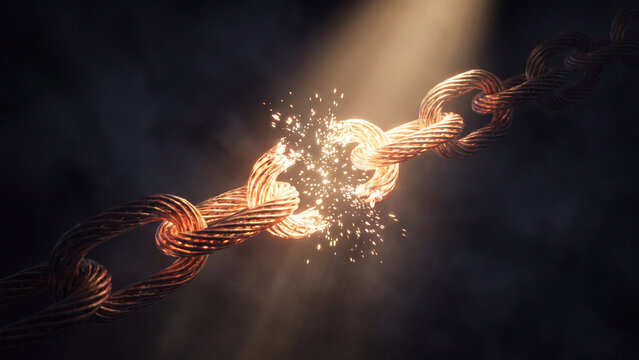 Glowing metal chain breaking apart with bright sparks for security vulnerability weakest link failure data breach exposure and critical infrastructure risk assessment concepts