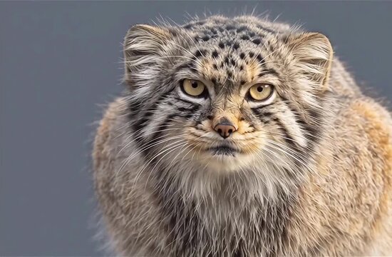 Close-up portrait of a Pallas's cat staring intensely at the camera
