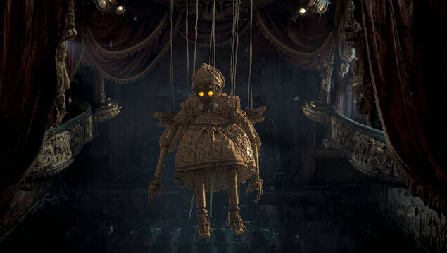 Eerie golden skeleton hanging in dark abandoned theatre stage with skeleton mysterious abandoned dramatic sinister supernatural atmosphere lighting shimmering metaphor frightening darkness