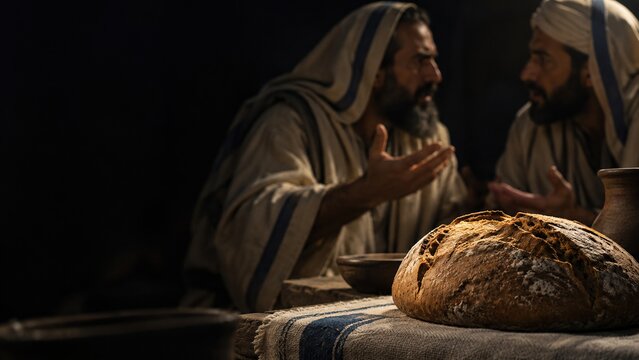 Two ancient men in robes debating near fresh bread on wooden table. Biblical scene of disciples murmuring over bread of life teaching.