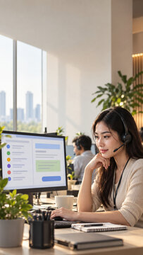 Vertical Friendly Asian Agent with Headset Working in a Modern Call Center