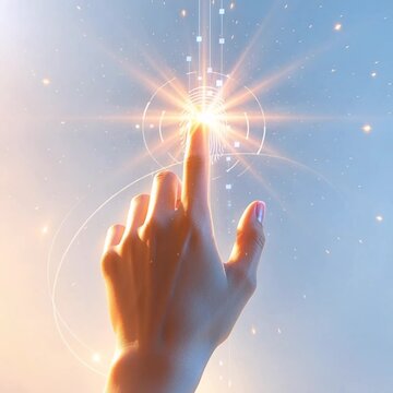 Video of human hand reaches toward a glowing fingerprint interface for biometric digital authentication