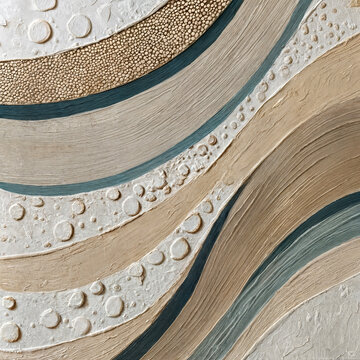 Coastal Strata - The soothing palette of sandy beige, soft off-white, and deep teal-blue evokes a tranquil shoreline where land meets water