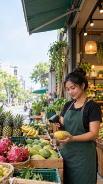 Vertical Female grocer scanning fresh tropical fruit with barcode reader