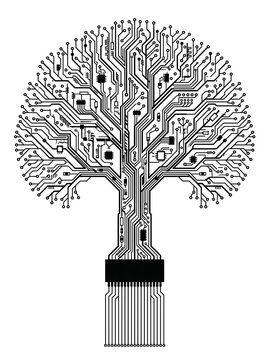 Circuit board pattern shaped like tree silhouette on white background with electronic components with components lines extending