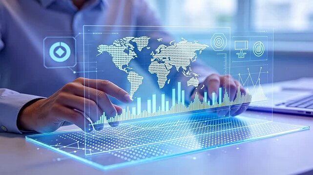 Man controlling holographic world map and data charts with virtual device in office