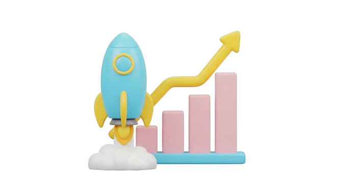 Blue rocket launching upwards beside pink bar graph and yellow arrow signifying growth during business concept