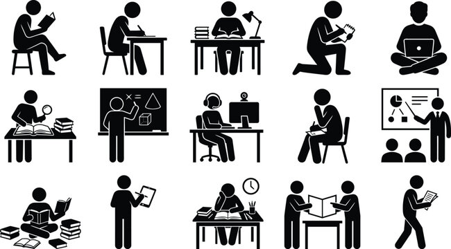 Set of student and education pictograms showing various learning activities and study situations in a simple black and white style