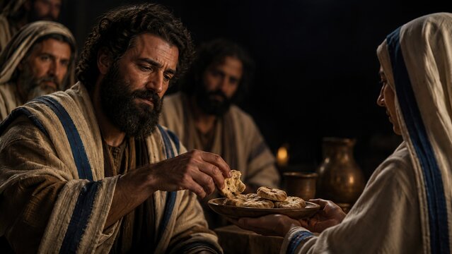 Hands breaking fresh bread loaf on wooden table. Warm light falls on crust symbolizing bread of life. Christian faith and communion concept for church sermon or bible study.