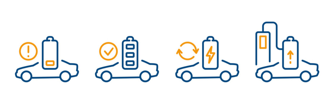 Electric car battery icons, the icon set consists of low charge, full charge, and the electric car charging process, thin line vector editable symbols on white background