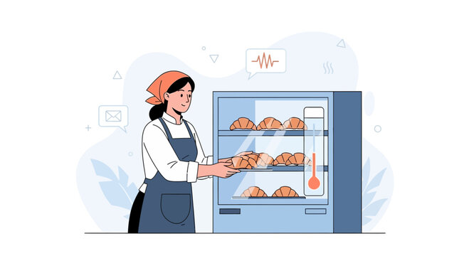 Baker placing croissants in a warming display case, flat illustration with soft colors and clean lines.