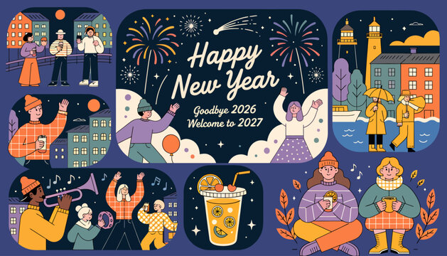 Happy New Year Celebration - People Ringing in 2027 with Fireworks
