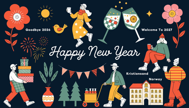 Happy New Year celebration with people toasting, gifts, decorations