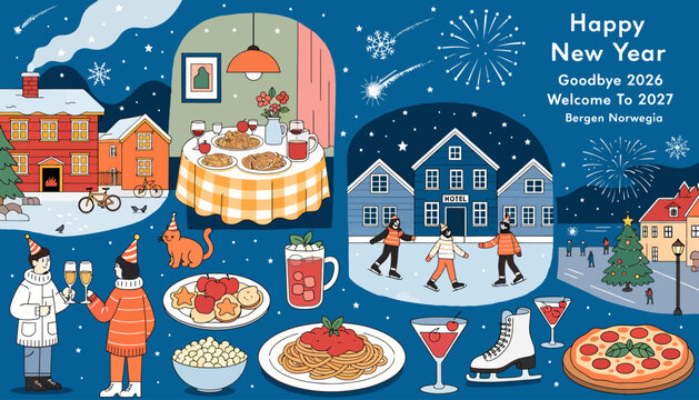 Happy New Year Festive Winter Scene With Food, Ice Skating, And Fireworks