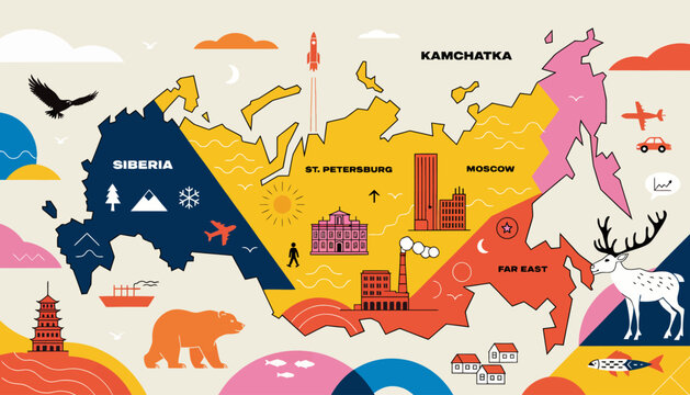 Illustrated Map of Russia with Icons: Siberia, Kamchatka, Moscow, Far East