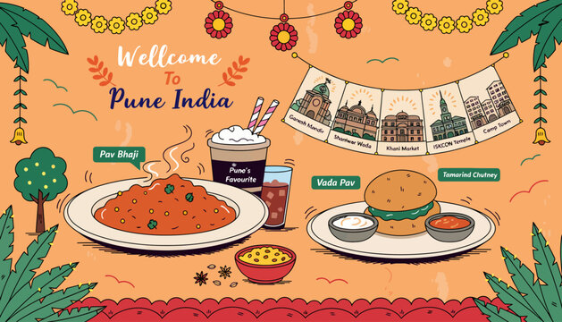 Welcome to Pune India: Traditional Food & Landmarks Illustration - Flat Design