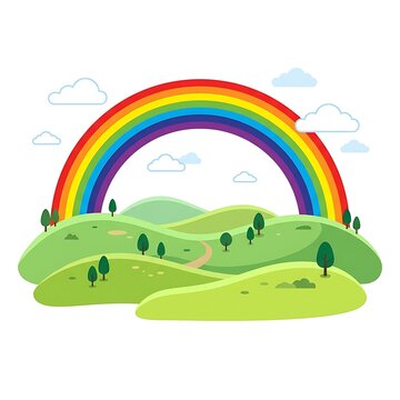 Cartoon style landscape illustration featuring vibrant rolling green hills and a bright colorful rainbow in the sky