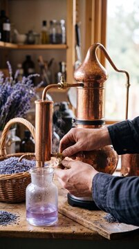 Lavender essential oil distillation process in copper still