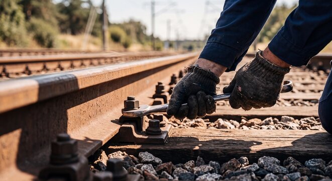 Railway worker tightening bolt on track with wrench close up