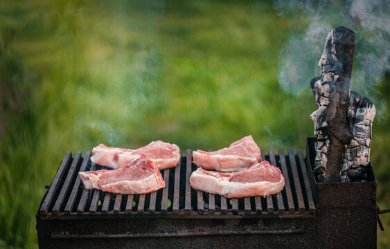 Grilled pork chops cooking on a barbecue grill with smoke rising in a green outdoor setting, showcasing the meat's marbled texture and grill marks