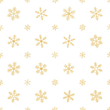 Gold snowflake seamless pattern. Festive elegant background design for Christmas wrapping, holiday card or winter wallpaper. Vector illustration