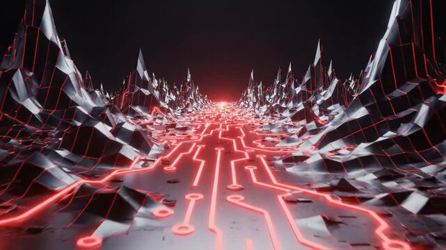 Abstract digital landscape with glowing red circuit board patterns and metallic mountain peaks.